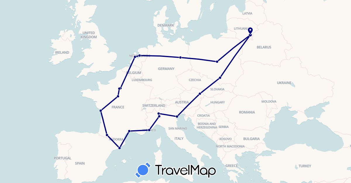 TravelMap itinerary: driving in Austria, Germany, Spain, France, Italy, Lithuania, Monaco, Netherlands, Poland (Europe)